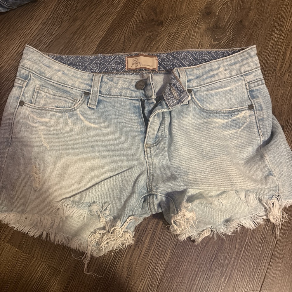 PAIGE Light Blue Frayed Jean Shorts